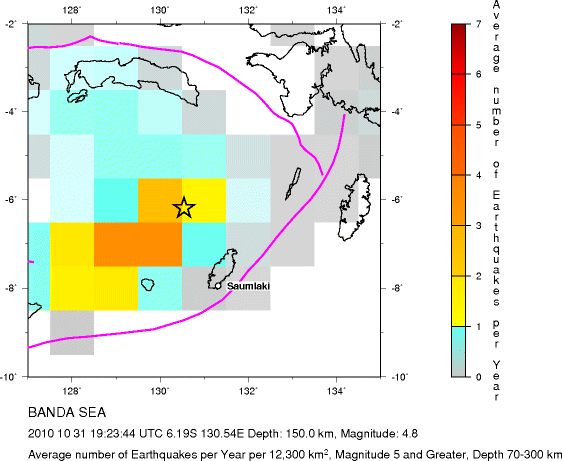 Earthquake Density Map,Intermediate Earthquakes: Depth 70-300 km