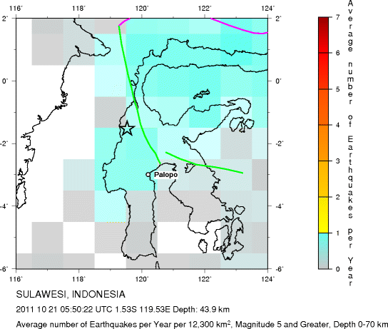 Earthquake Density Map,Shallow Earthquakes: Depth 0-70 km