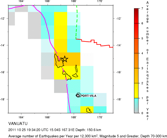 Earthquake Density Map,Intermediate Earthquakes: Depth 70-300 km