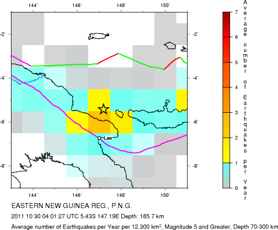 Earthquake Density Map,Intermediate Earthquakes: Depth 70-300 km