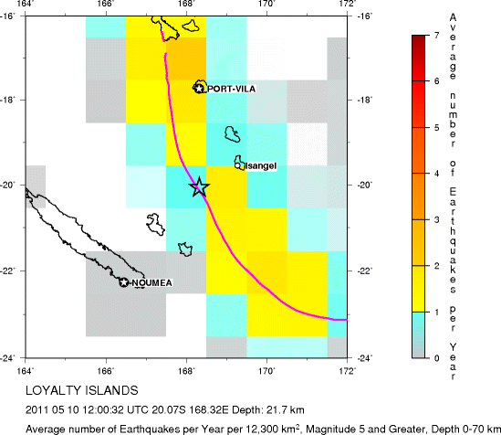 Earthquake Density Map,Shallow Earthquakes: Depth 0-70 km