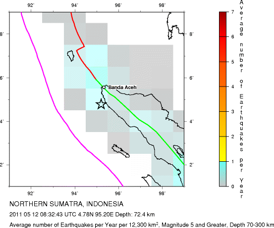 Earthquake Density Map,Intermediate Earthquakes: Depth 70-300 km