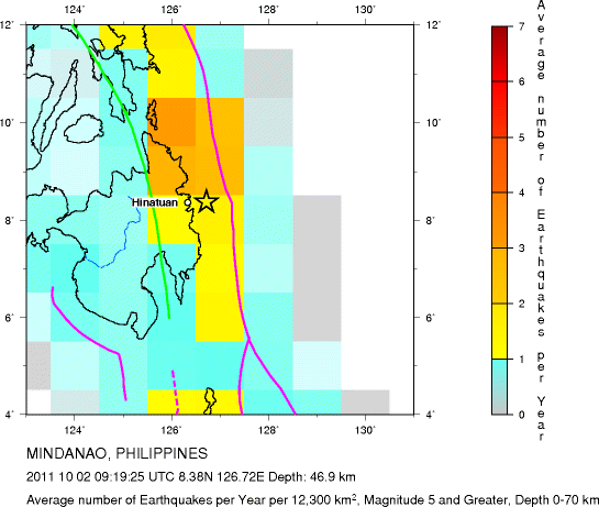 Earthquake Density Map,Shallow Earthquakes: Depth 0-70 km