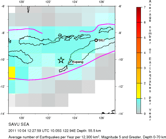 Earthquake Density Map,Shallow Earthquakes: Depth 0-70 km