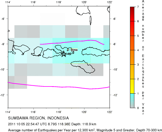 Earthquake Density Map,Intermediate Earthquakes: Depth 70-300 km