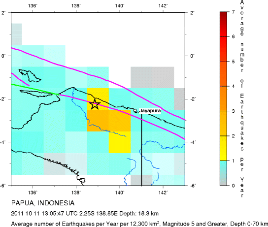 Earthquake Density Map,Shallow Earthquakes: Depth 0-70 km