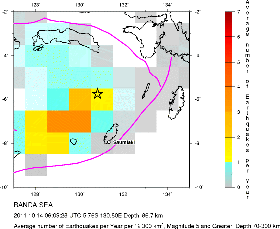 Earthquake Density Map,Intermediate Earthquakes: Depth 70-300 km