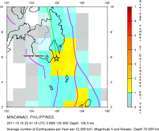 Earthquake Density Map,Intermediate Earthquakes: Depth 70-300 km