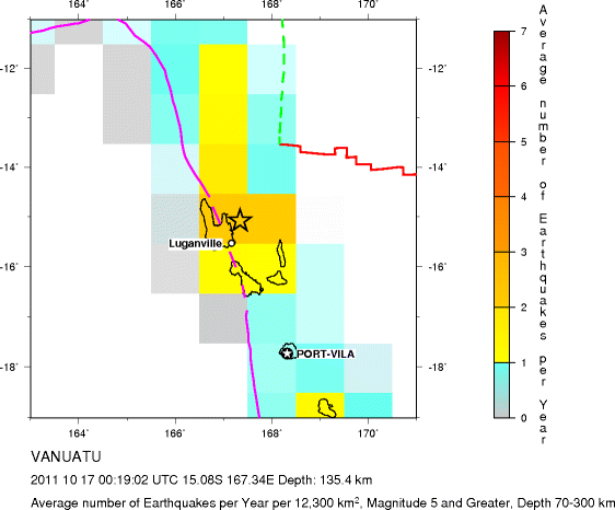 Earthquake Density Map,Intermediate Earthquakes: Depth 70-300 km