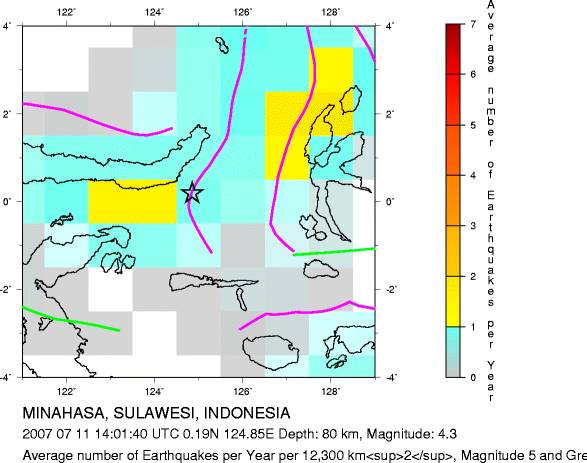 Earthquake Density Map,Intermediate Earthquakes: Depth 70-300 km