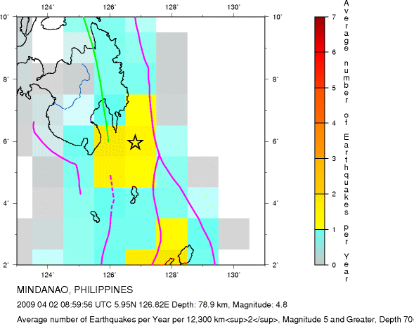 Earthquake Density Map,Intermediate Earthquakes: Depth 70-300 km