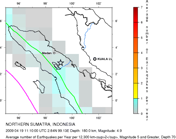 Earthquake Density Map,Intermediate Earthquakes: Depth 70-300 km