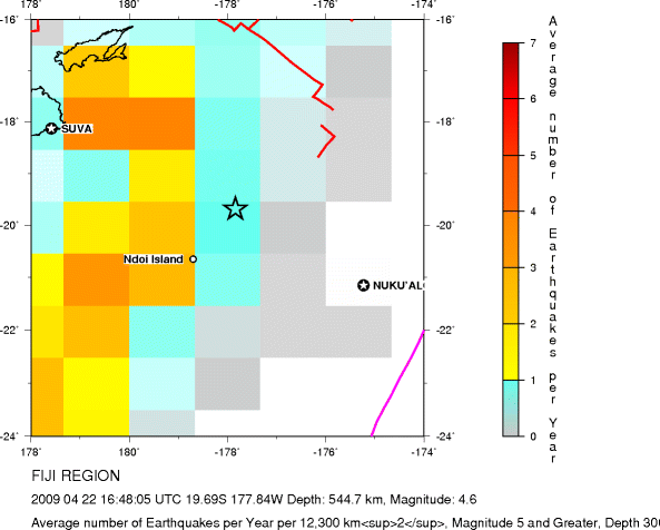 Earthquake Density Map,Deep Earthquakes: Depth 300 km and greater