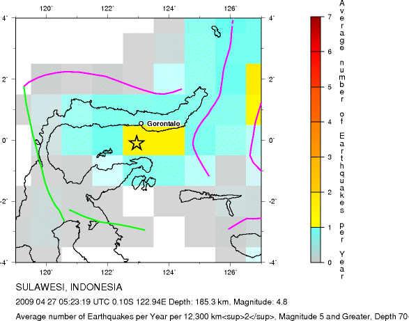 Earthquake Density Map,Intermediate Earthquakes: Depth 70-300 km