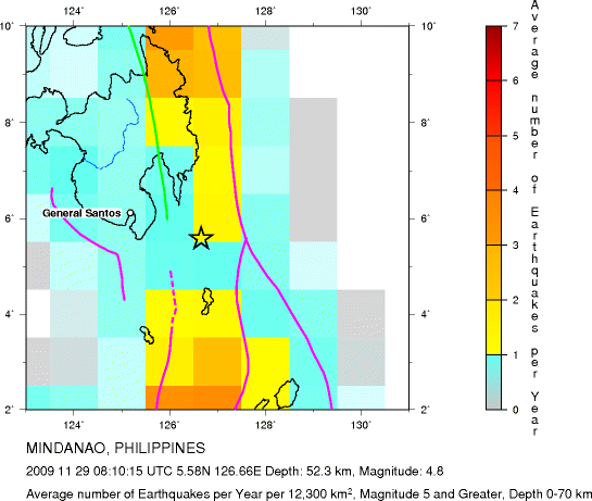 Earthquake Density Map,Shallow Earthquakes: Depth 0-70 km