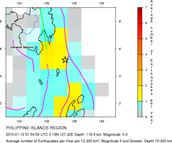 Earthquake Density Map,Intermediate Earthquakes: Depth 70-300 km