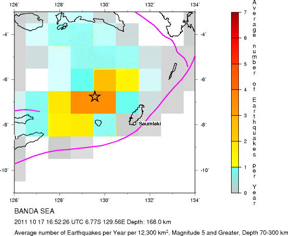 Earthquake Density Map,Intermediate Earthquakes: Depth 70-300 km