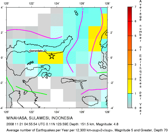 Earthquake Density Map,Intermediate Earthquakes: Depth 70-300 km